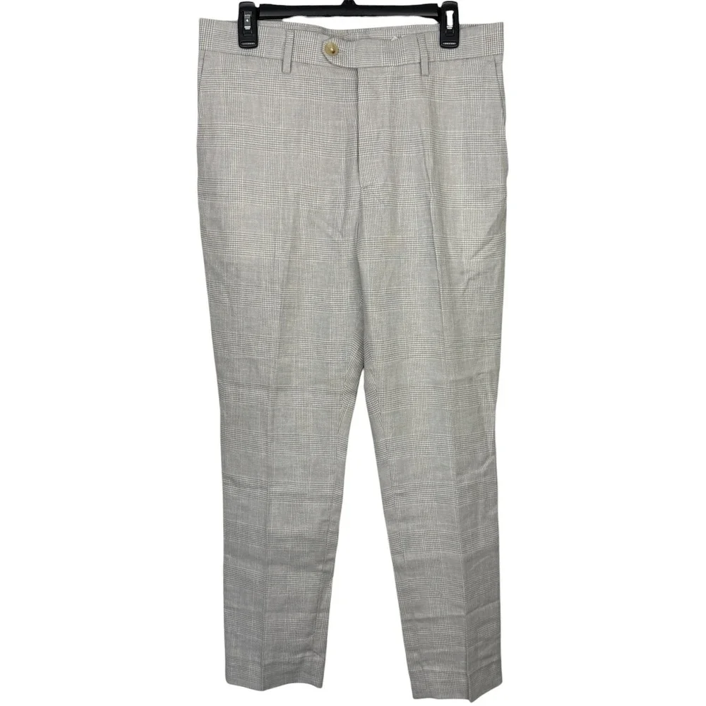 Banana Republic LINEN Blend Tailored Fit Pants Mens 31x28 Grey Glen Plaid Flat